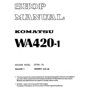 K&ouml;nnte beinhalten: Wei&szlig;es Werkstatthandbuch mit schwarzem Text. Der Titel "SHOP MANUAL" steht oben, gefolgt von "KOMATSU WA420-1". Das Handbuch enth&auml;lt Informationen zu Maschinenmodell und Seriennummer. Gedruckt in Japan.