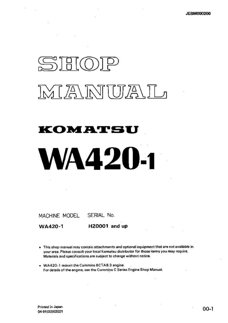 K&ouml;nnte beinhalten: Wei&szlig;es Werkstatthandbuch mit schwarzem Text. Der Titel "SHOP MANUAL" steht oben, gefolgt von "KOMATSU WA420-1". Das Handbuch enth&auml;lt Informationen zu Maschinenmodell und Seriennummer. Gedruckt in Japan.