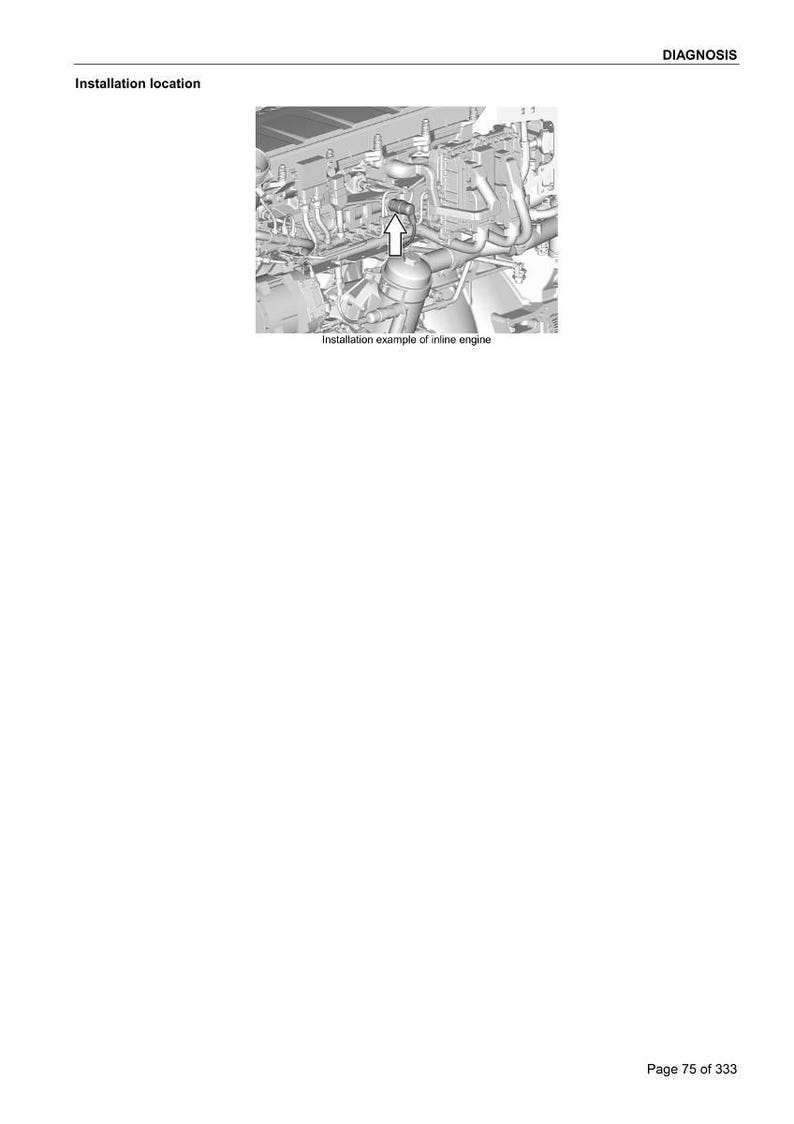 K&ouml;nnte beinhalten: Diagramm einer Inline-Motorinstallation, mit einem Pfeil, der auf eine bestimmte Komponente zeigt. Das Bild ist eine technische Illustration, wahrscheinlich aus einem Handbuch, mit dem Text "Installation example of inline engine".