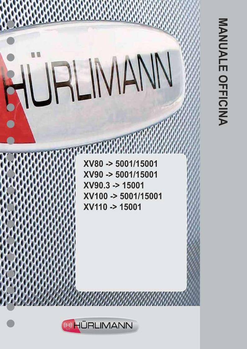 Pu&ograve; includere: Immagine con il logo H&uuml;rlimann e la scritta "MANUALE OFFICINA". Sotto, un elenco di numeri di modello e codici. Lo sfondo presenta un motivo a maglia metallica.