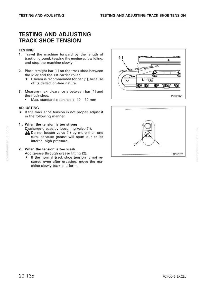 K&ouml;nnte beinhalten: Eine Seite aus einem Handbuch mit dem Titel &bdquo;Pr&uuml;fen und Einstellen der Kettenspannung&ldquo;. Der Text beschreibt Verfahren zum Testen und Einstellen der Spannung eines Kettenschuhs, einschlie&szlig;lich Messungen. Diagramme veranschaulichen die Komponenten.