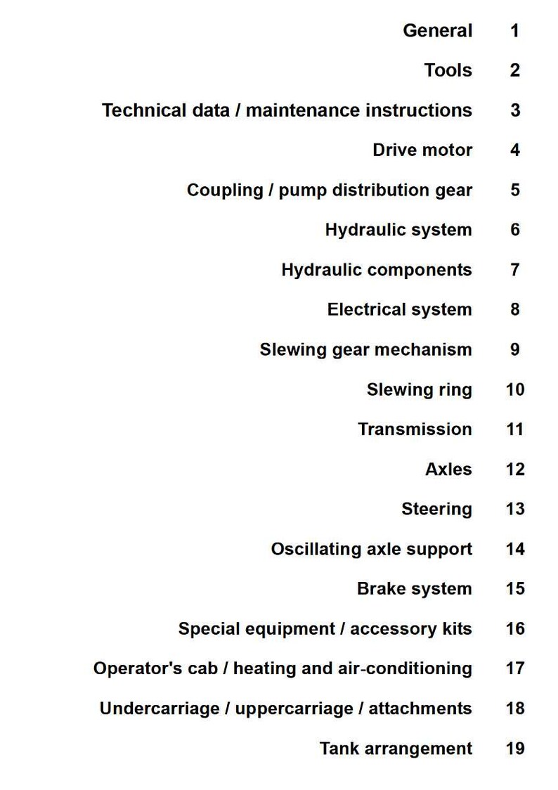 May include: A white page with a black list of technical terms and numbers. The list includes terms like "Drive motor", "Hydraulic system", "Electrical system", and "Brake system".