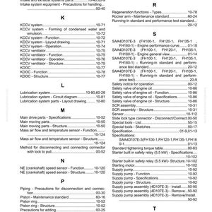 Może przedstawiać: Strona indeksu z instrukcji, zawierająca spis treści z terminami technicznymi i numerami stron. Dokument obejmuje tematy takie jak systemy silnikowe, bezpieczeństwo i konserwacja.
