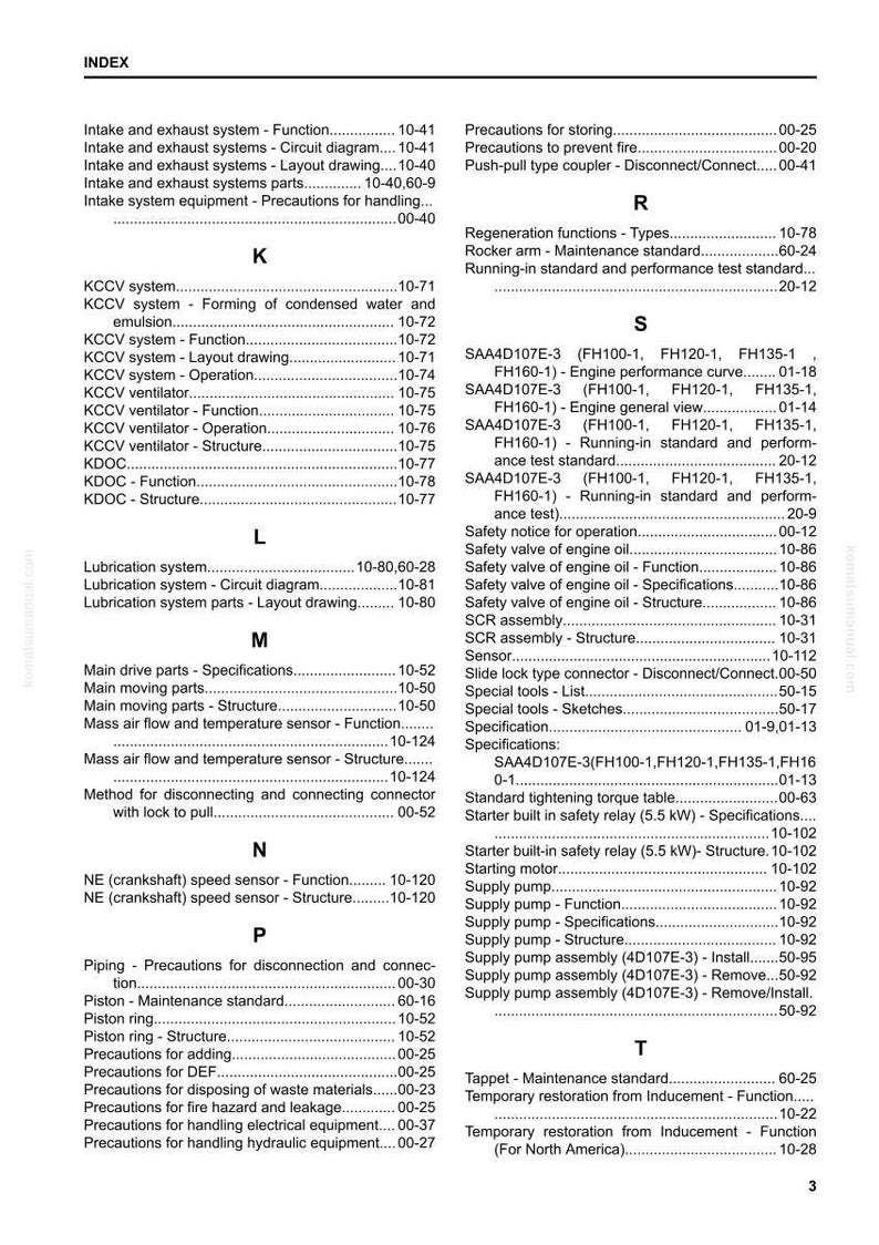 Może przedstawiać: Strona indeksu z instrukcji, zawierająca spis treści z terminami technicznymi i numerami stron. Dokument obejmuje tematy takie jak systemy silnikowe, bezpieczeństwo i konserwacja.