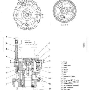 May include: Detailed technical diagram of a swing machinery system, labeled with various components such as gauges, gears, and valves. The diagram includes cross-sectional views and annotations for clarity, with the text "STRUCTURE AND FUNCTION" at the top.