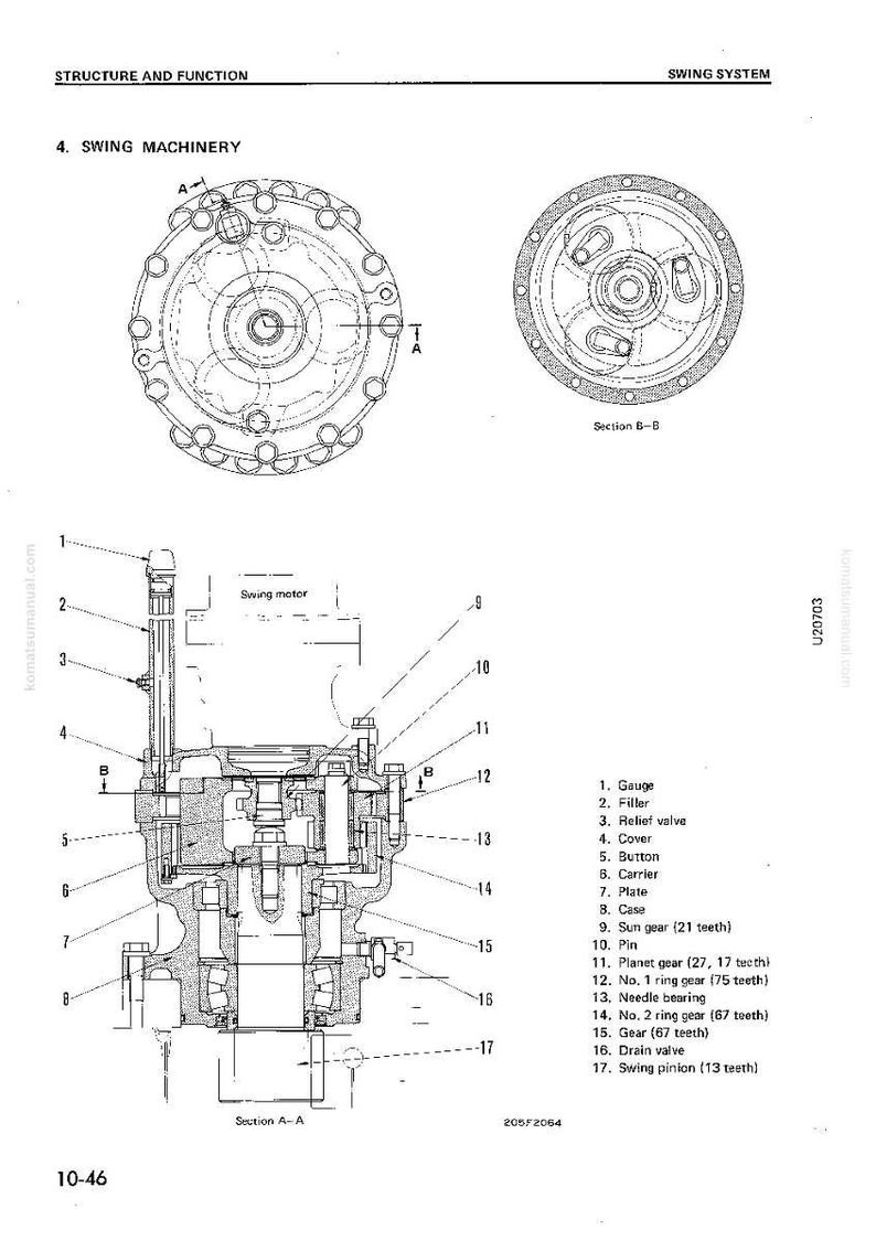 May include: Detailed technical diagram of a swing machinery system, labeled with various components such as gauges, gears, and valves. The diagram includes cross-sectional views and annotations for clarity, with the text "STRUCTURE AND FUNCTION" at the top.