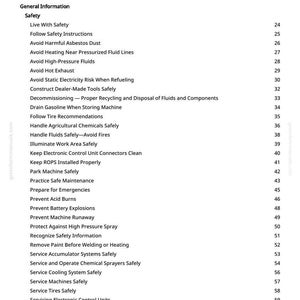 May include: A white page titled "Table of Contents" from a manual. The text lists safety topics such as "Avoid Harmful Asbestos Dust" and "Prevent Battery Explosions". Page numbers are on the right.