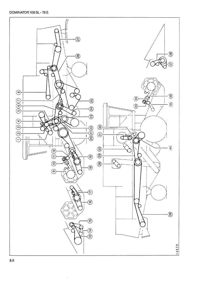 Puede incluir: Un diagrama t&eacute;cnico detallado etiquetado como "DOMINATOR 108 SL - 78 S." La ilustraci&oacute;n en blanco y negro presenta numerosos componentes mec&aacute;nicos, incluyendo engranajes, palancas y bielas, con etiquetas numeradas para cada pieza. El diagrama est&aacute; sobre un fondo blanco.