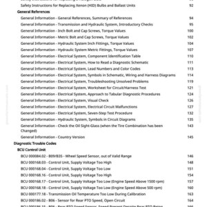 May include: A page from a manual with a table of contents and diagnostic trouble codes for a BCU control unit. Topics include electrical systems, hydraulic systems, and sensor diagnostics. Page numbers are listed next to each topic.