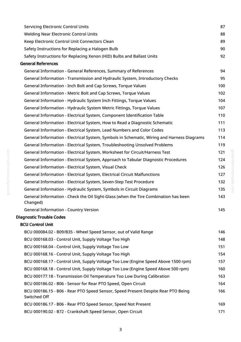 May include: A page from a manual with a table of contents and diagnostic trouble codes for a BCU control unit. Topics include electrical systems, hydraulic systems, and sensor diagnostics. Page numbers are listed next to each topic.