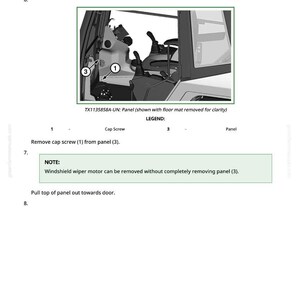 May include: Diagram of a vehicle interior with labels and instructions. The image includes a close-up of the interior components, with labels for cap screws and panels. Text includes instructions for removing the cover and panel.