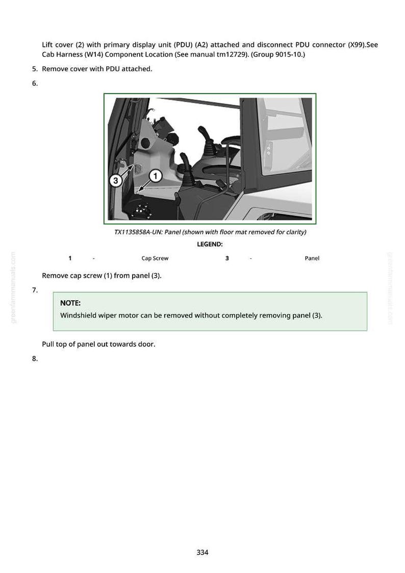 May include: Diagram of a vehicle interior with labels and instructions. The image includes a close-up of the interior components, with labels for cap screws and panels. Text includes instructions for removing the cover and panel.