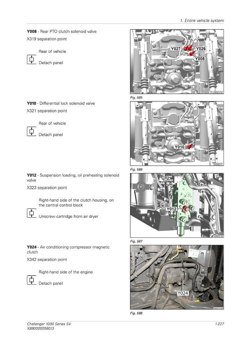 May include: Diagram of an entire vehicle system, featuring detailed illustrations of various components. The image highlights the Rear PTO clutch solenoid valve, Differential lock solenoid valve, and other parts with labels and separation points.