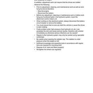 May include: A manual page titled "Introduction Safety instructions". The text provides guidance on adjustment and maintenance, including safety advice such as disconnecting the battery and handling high-pressure fluids. The document is in black text on a white background.