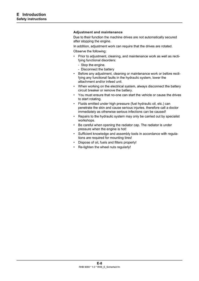 May include: A manual page titled "Introduction Safety instructions". The text provides guidance on adjustment and maintenance, including safety advice such as disconnecting the battery and handling high-pressure fluids. The document is in black text on a white background.