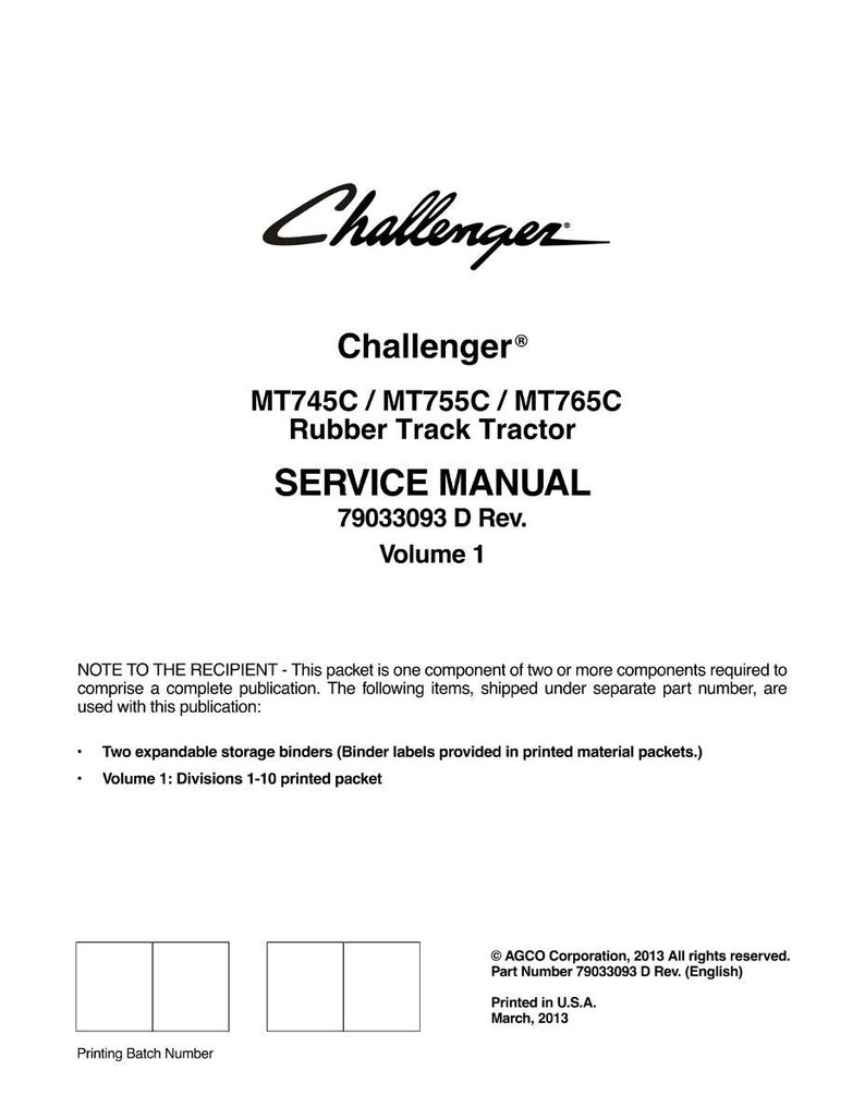 May include: White service manual for Challenger MT745C/MT755C/MT765C Rubber Track Tractor. The cover features the Challenger logo and the text "SERVICE MANUAL Volume 1". Includes AGCO Corporation copyright information.
