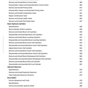 Pu&ograve; includere: Una pagina di manuale con un elenco di specifiche e procedure per sistemi idraulici, tra cui valvole, cilindri e serbatoi. Il testo &egrave; in nero su sfondo bianco, con numeri di pagina a destra.