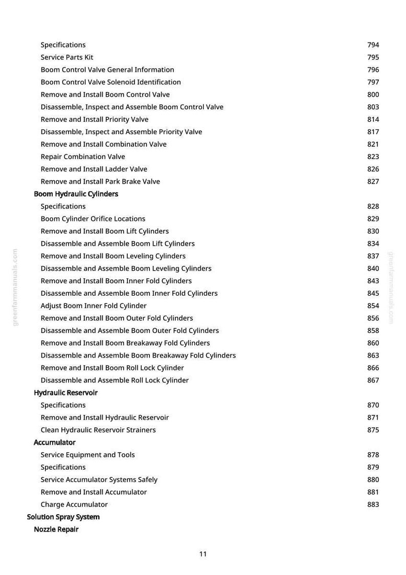Pu&ograve; includere: Una pagina di manuale con un elenco di specifiche e procedure per sistemi idraulici, tra cui valvole, cilindri e serbatoi. Il testo &egrave; in nero su sfondo bianco, con numeri di pagina a destra.