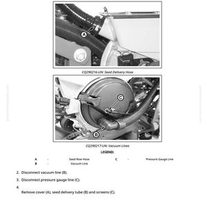 May include: Diagram illustrating the process of removing and installing a MaxEmerge&trade; 5 Seed Meter. The image shows close-up views of the seed delivery hose, vacuum lines, and pressure gauge line. Text includes instructions and labels for each component.