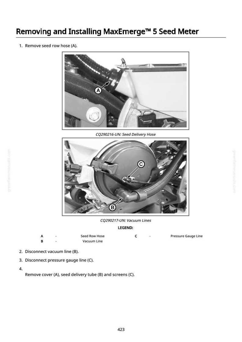 May include: Diagram illustrating the process of removing and installing a MaxEmerge&trade; 5 Seed Meter. The image shows close-up views of the seed delivery hose, vacuum lines, and pressure gauge line. Text includes instructions and labels for each component.