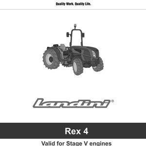 Peut inclure: Couverture de manuel de service avec une illustration de tracteur Landini Rex 4. La couverture comprend le logo Argo Tractors et le texte : &laquo; Quality Work. Quality Life. &raquo; Un texte suppl&eacute;mentaire indique que le manuel est pour les moteurs Stage V, &Eacute;dition 01-2022.