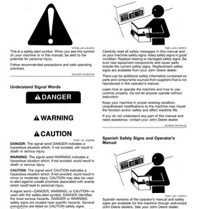 May include: A manual page detailing safety information, featuring a warning symbol, signal words such as "DANGER," "WARNING," and "CAUTION," and instructions for safe operation. Includes details on Spanish safety signs.