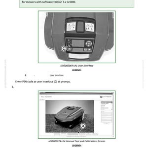 May include: Diagram of a lawnmower user interface and manual test screen. The user interface shows buttons and a display. The manual test screen shows a lawnmower on grass. Text includes PIN code information and instructions.