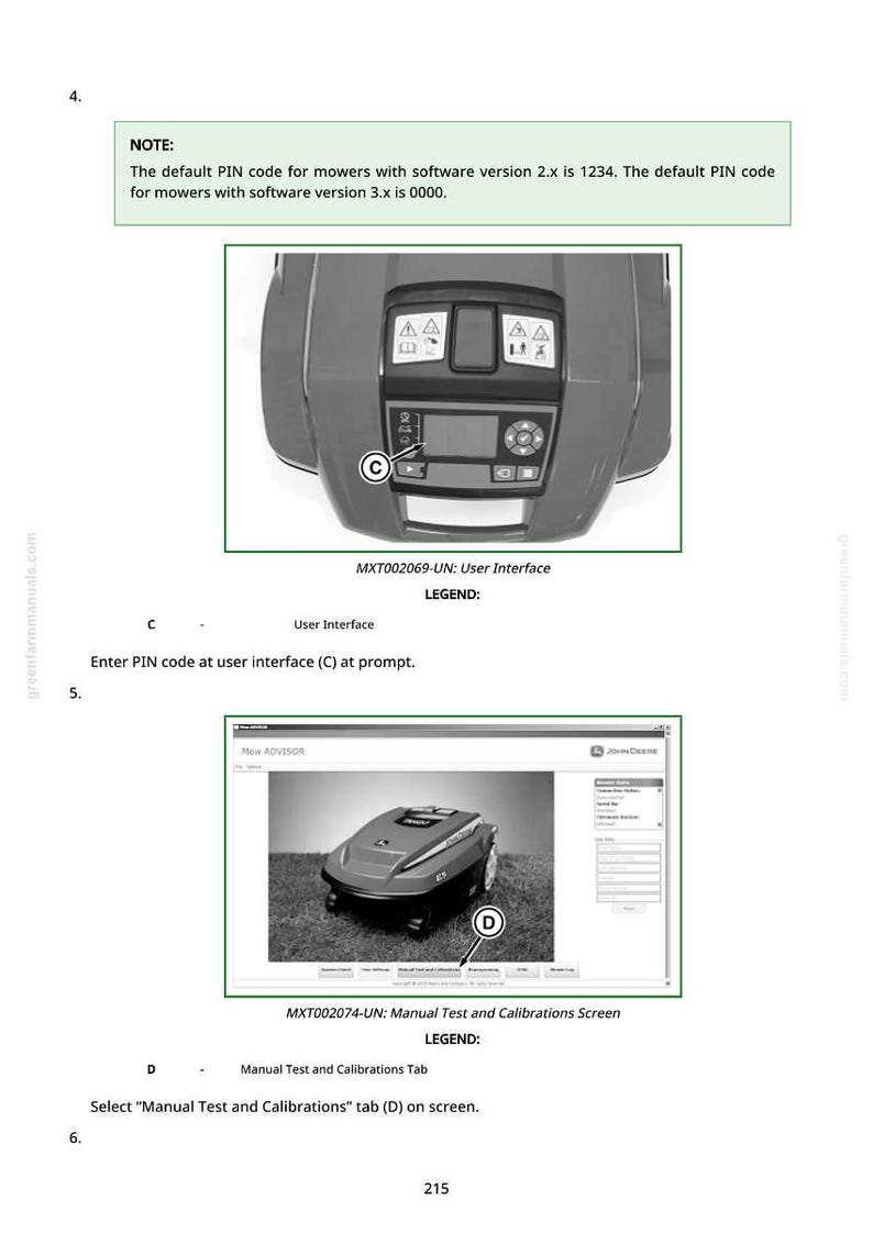 May include: Diagram of a lawnmower user interface and manual test screen. The user interface shows buttons and a display. The manual test screen shows a lawnmower on grass. Text includes PIN code information and instructions.
