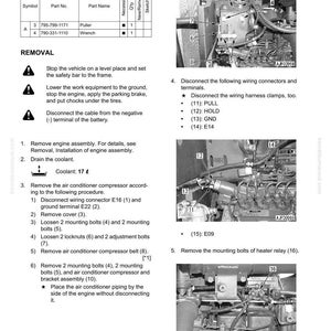 May include: Diagram of cylinder head assembly removal and installation. Includes a parts list with a puller and wrench, and numbered steps with images detailing the process. Text includes safety warnings and coolant volume.