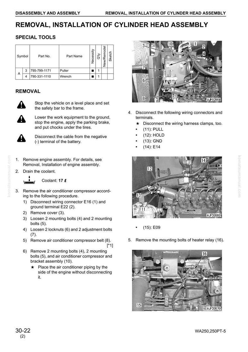 May include: Diagram of cylinder head assembly removal and installation. Includes a parts list with a puller and wrench, and numbered steps with images detailing the process. Text includes safety warnings and coolant volume.