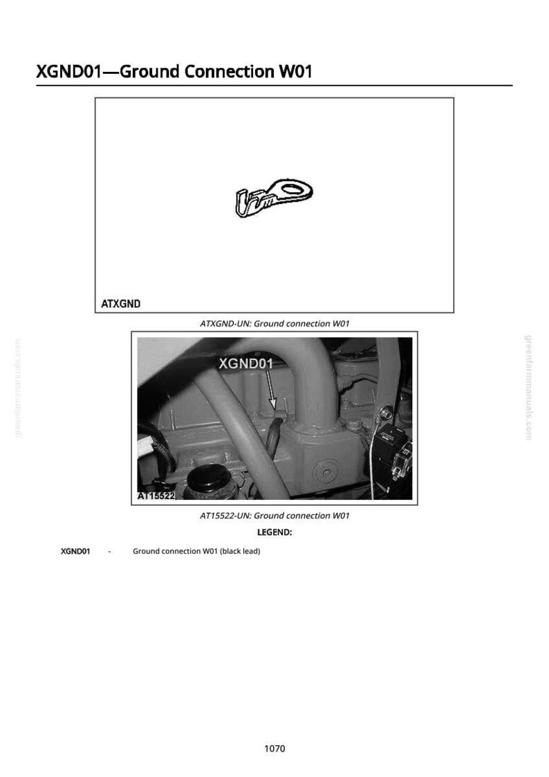 Pu&ograve; includere: Schema di un collegamento a terra, etichettato XGND01, con un'immagine ravvicinata del punto di connessione. Il testo include "Ground Connection W01" e "AT15522-UN: Ground connection W01".