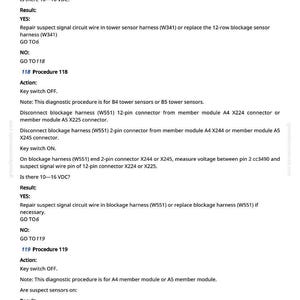 May include: Diagnostic procedure instructions with text including "Key switch ON", "Result: YES", and "GO TO". The document is from greenfarmmanuals.com and includes connector and voltage measurements.