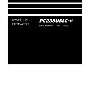 May include: A white and black Shop Manual for a Hydraulic Excavator. The manual includes the model PC238USLC-11 and serial numbers 5001 and up. The Komatsu logo is at the bottom.