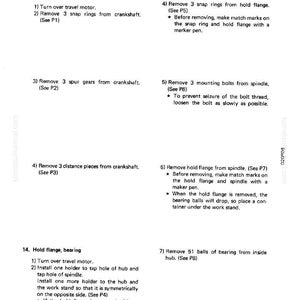 May include: A page from a manual with instructions for mechanical repairs. The text includes steps for removing parts like spur gears, snap rings, and bolts. Diagrams and notes are included to guide the process. The page is white with black text.