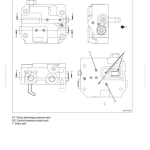 K&ouml;nnte beinhalten: Diagramm eines Servoventils, einer Komponente eines Hydrauliksystems. Das Bild zeigt mehrere Ansichten des Ventils, beschriftet mit Abmessungen und Anschlussbezeichnungen. Text enth&auml;lt "Hydrauliksystem", "Hauptpumpe" und "Servoventil".