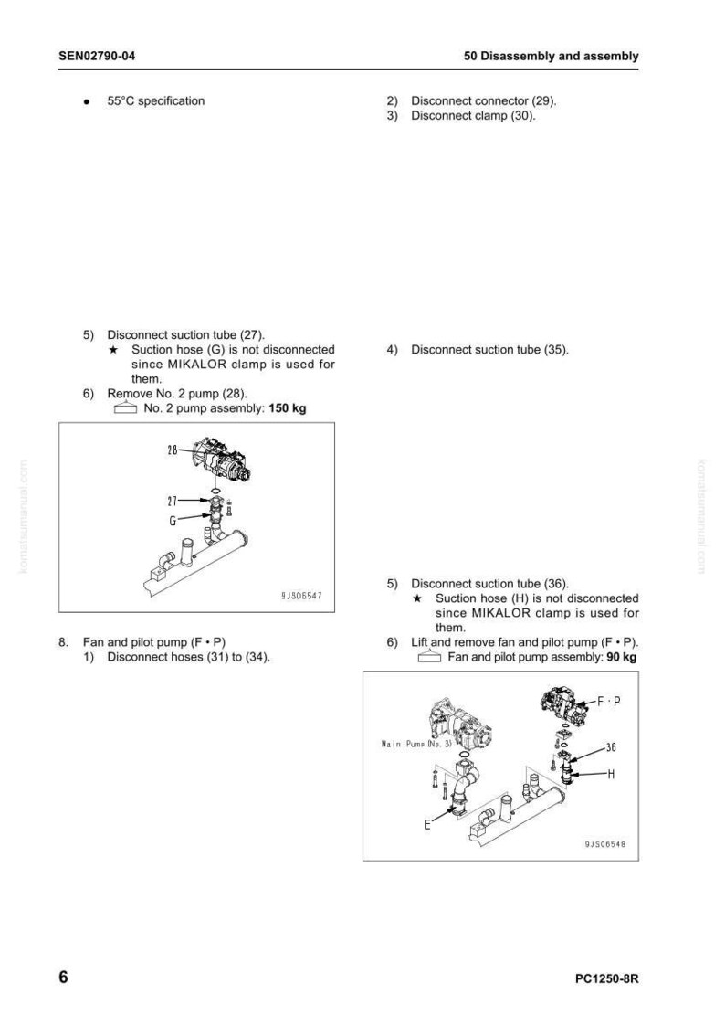 May include: Diagram of a disassembly and assembly process, featuring various mechanical components. Text includes instructions for disconnecting tubes, connectors, and pumps, with measurements in kilograms. The image is a technical illustration.