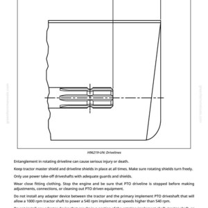 May include: Technical diagram of a driveline with measurements labeled 'n'. The diagram is black and white, showing the internal components of a mechanical system. Text at the bottom warns about entanglement hazards.