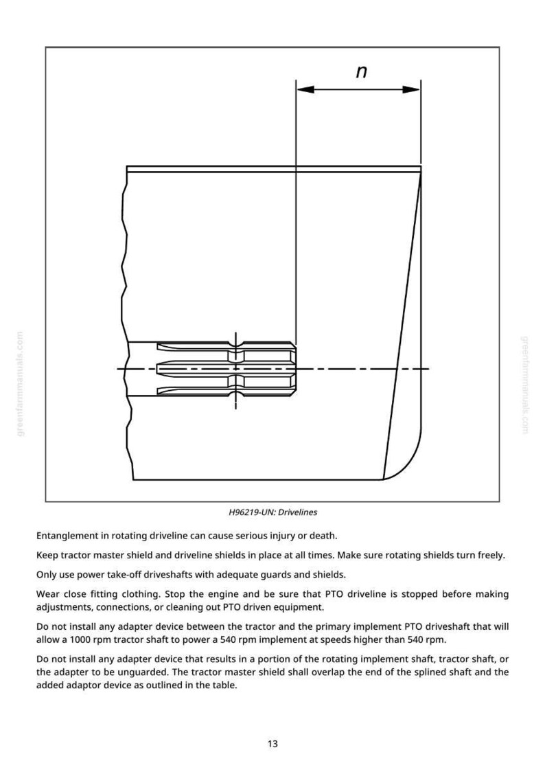 May include: Technical diagram of a driveline with measurements labeled 'n'. The diagram is black and white, showing the internal components of a mechanical system. Text at the bottom warns about entanglement hazards.