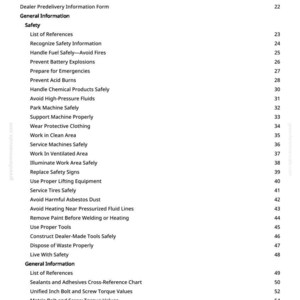 May include: A page from a manual titled "Table of Contents." The document lists safety topics such as "Handle Fuel Safely," "Prevent Battery Explosions," and "Avoid High-Pressure Fluids." The page also includes general information and specifications.