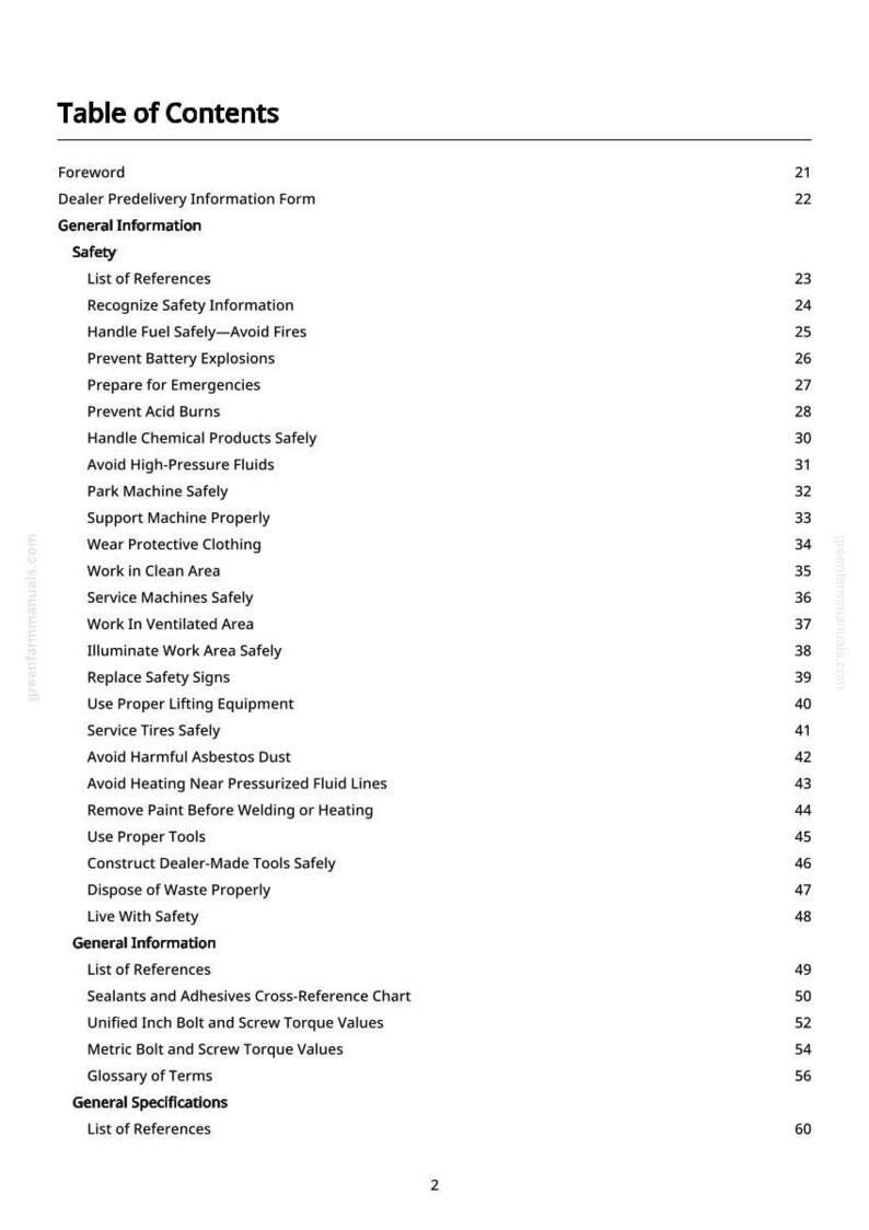 May include: A page from a manual titled "Table of Contents." The document lists safety topics such as "Handle Fuel Safely," "Prevent Battery Explosions," and "Avoid High-Pressure Fluids." The page also includes general information and specifications.