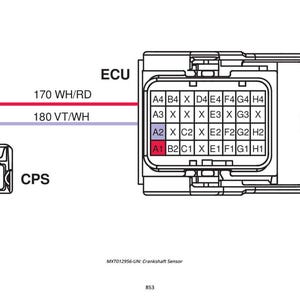 May include: Diagram of an automotive electrical system, featuring a connector labeled "CPS" connected to an "ECU" component via red and purple wires. The diagram includes labels and a grid of connectors.