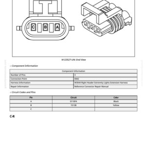 May include: Technical diagram of an electrical connector, featuring two views. The end view shows three pin slots labeled A, B, and C. The diagram includes component information, circuit codes, and pin colors: black and yellow.