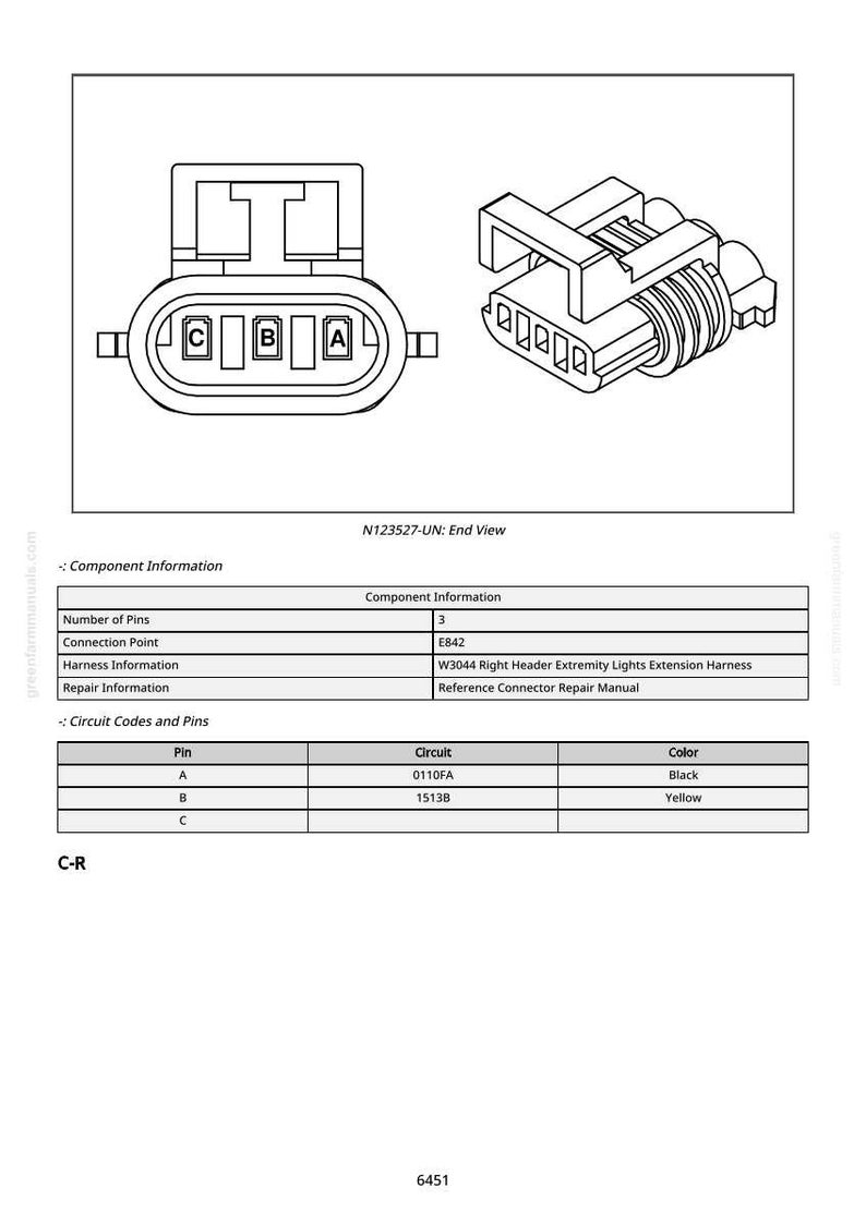 May include: Technical diagram of an electrical connector, featuring two views. The end view shows three pin slots labeled A, B, and C. The diagram includes component information, circuit codes, and pin colors: black and yellow.