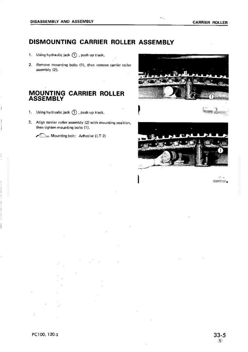 May include: A technical diagram with instructions for disassembling and assembling a carrier roller assembly. The text includes steps for dismounting and mounting the assembly, with illustrations of the parts and their positions. The diagram is labeled with part numbers and adhesive information.