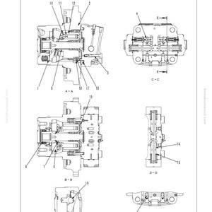 May include: Diagram of a travel system with sectional views labeled A-A, B-B, C-C, D-D, E-E, and F-F. The diagram includes labels for the regulator piston, motor case, and oil pressure pickup port. The text "10 STRUCTURE AND FUNCTION" is at the top.