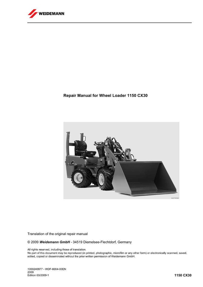 May include: A repair manual for a Weidemann Wheel Loader 1150 CX30. The image shows the wheel loader in grayscale, with a large bucket in the front. The Weidemann logo is at the top left. The manual's title is centered.