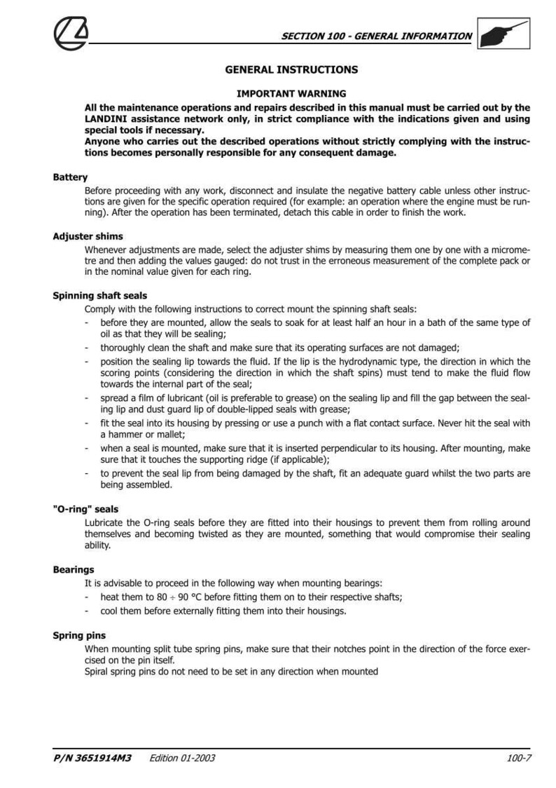 Puede incluir: Un documento blanco con texto negro que detalla instrucciones generales, advertencias y procedimientos para el mantenimiento y la reparaci&oacute;n. El documento incluye secciones sobre bater&iacute;as, calzos de ajuste, retenes de eje giratorios y cojinetes. Est&aacute; etiquetado como "SECCI&Oacute;N 100 - INFORMACI&Oacute;N GENERAL."