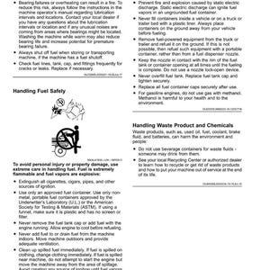 May include: Safety guidelines for handling fuel and waste products are displayed. The text includes warnings about fire hazards, proper fueling procedures, and the dangers of fuel and waste products. The page number 10 is visible.