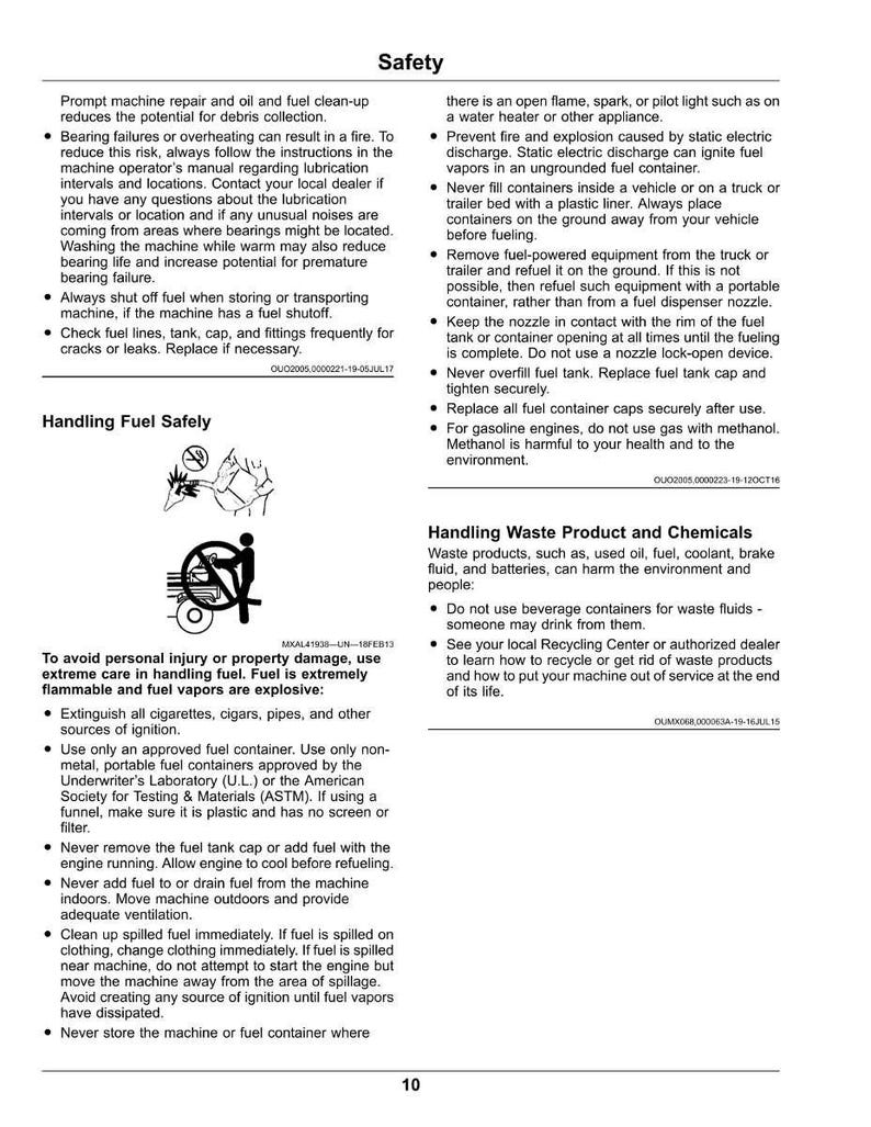 May include: Safety guidelines for handling fuel and waste products are displayed. The text includes warnings about fire hazards, proper fueling procedures, and the dangers of fuel and waste products. The page number 10 is visible.