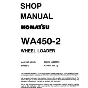 Puede incluir: Una portada de manual de taller blanca con texto negro. El t&iacute;tulo dice "SHOP MANUAL" encima del logotipo de Komatsu y "WA450-2 WHEEL LOADER". Incluye el modelo de m&aacute;quina y los n&uacute;meros de serie. Copyright 1990 Komatsu Dresser Company.